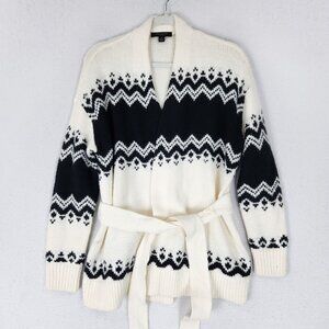 Ann Taylor Sweater Womens Medium Petite Black White Belted Tie Waist Cardigan